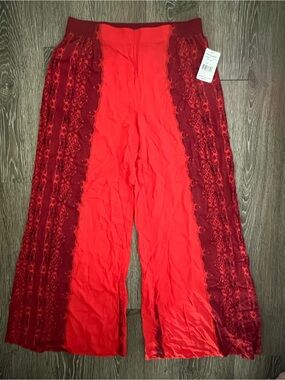 Free People Size M Red Printed Wide Leg Pants NWT Boho Palazzo Rayon